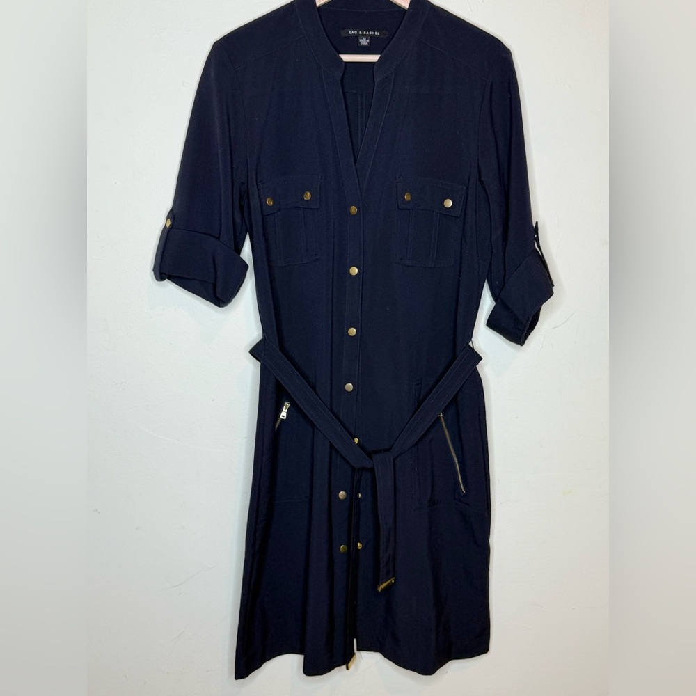 Zac & Rachel Navy Blue Button-Up Shirt Dress with Belt | Size 12